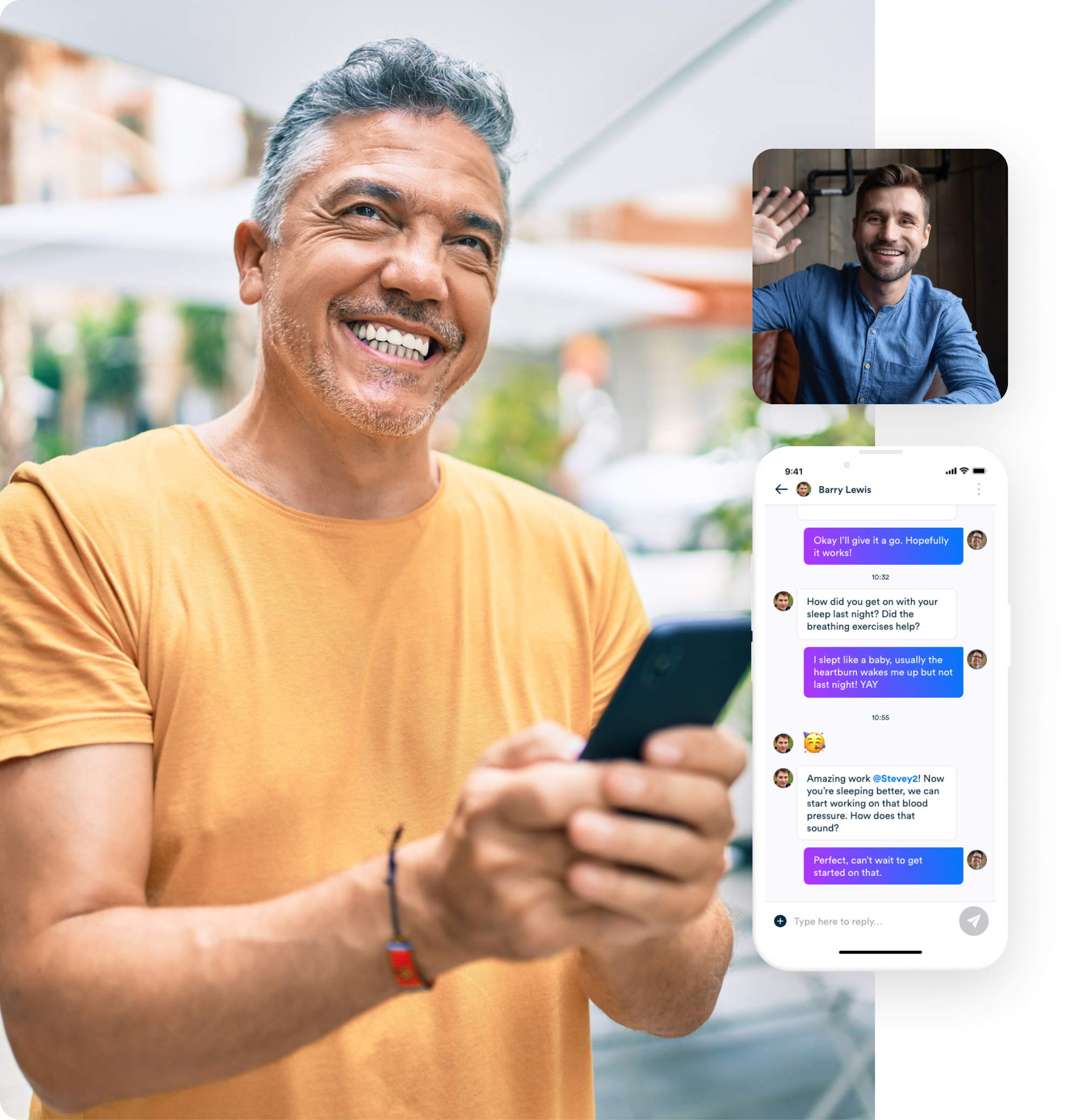 Mature man speaking with his Gro coach via the app
