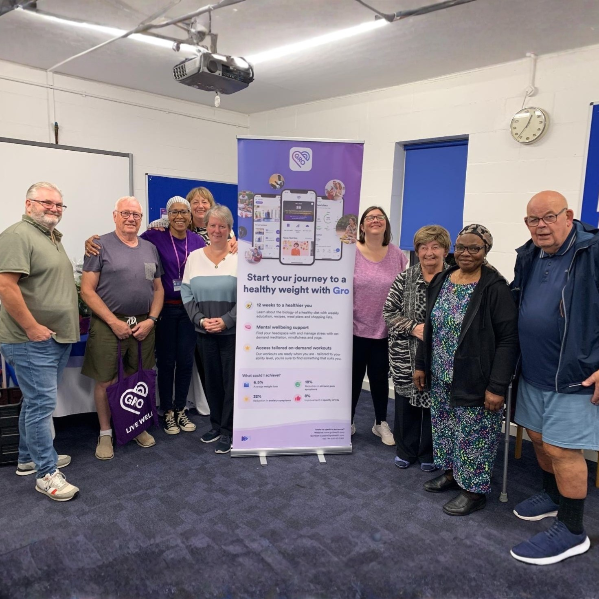 Group of eight diverse adults standing indoors around a promotional banner for Gro healthy weight program.