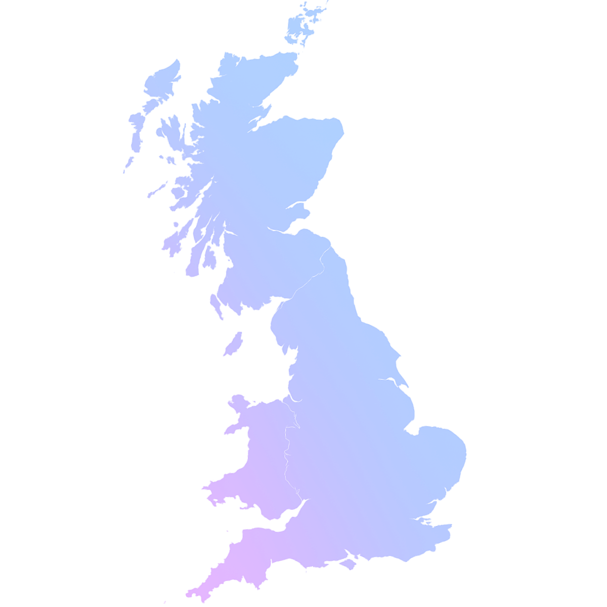 Gradient blue to purple map silhouette of the United Kingdom including England, Scotland, Wales, and Northern Ireland.