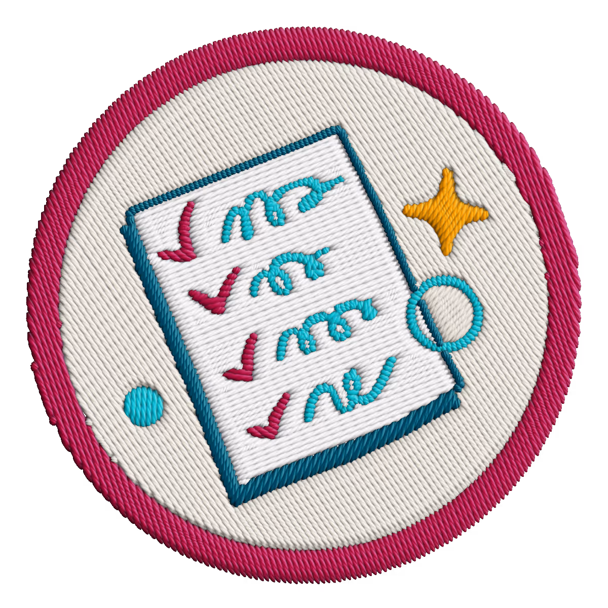 Round embroidered merit badge featuring a checklist with red check marks and a gold star on a white background with a pink border.