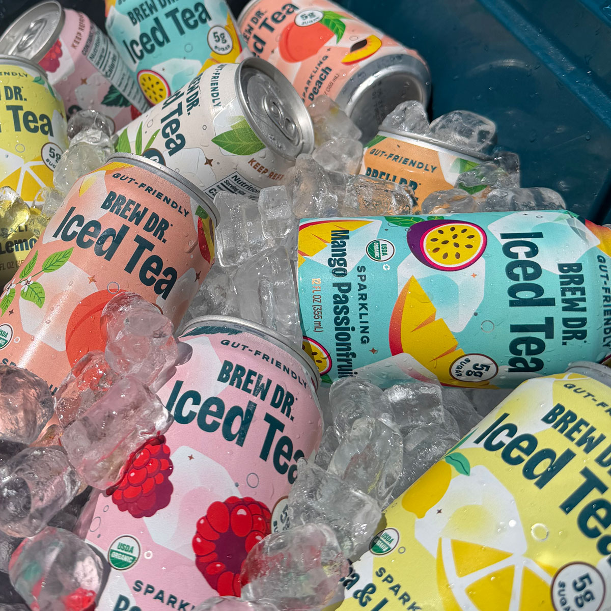 Cooler full of Brew Dr. Iced Tea cans