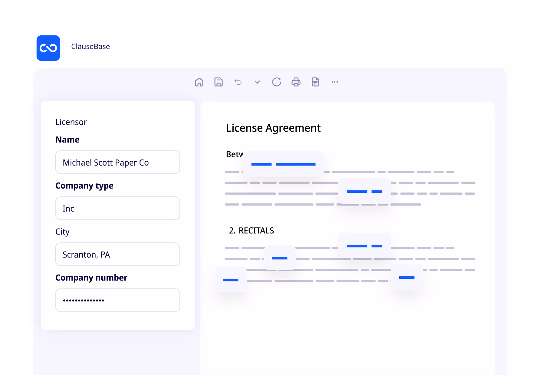ClauseBuddy showing how to generate a complete legal document by filling out a questionnaire.