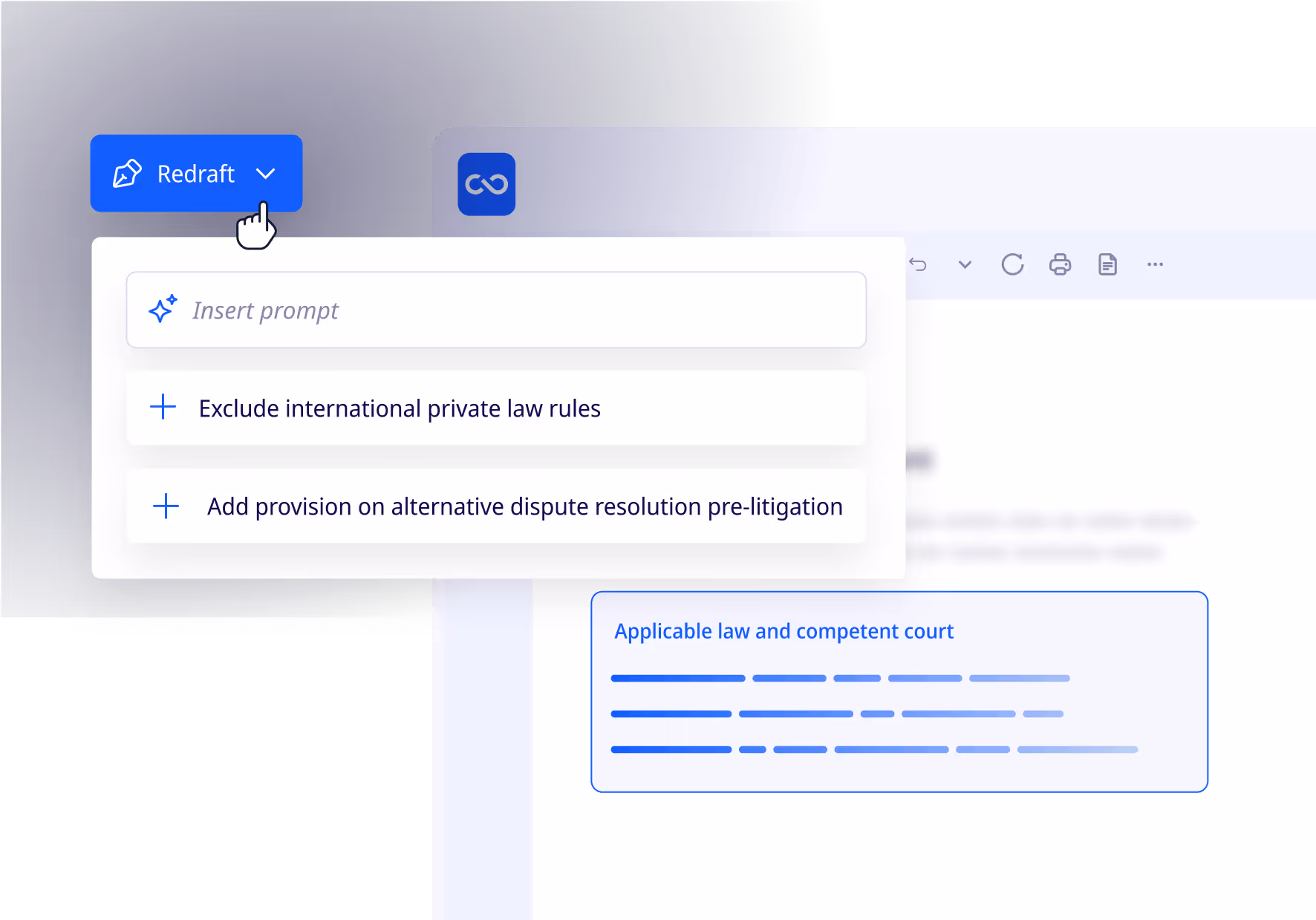 ClauseBase offering different options to redraft and refine a clause inside a legal document inside microsoft Word.