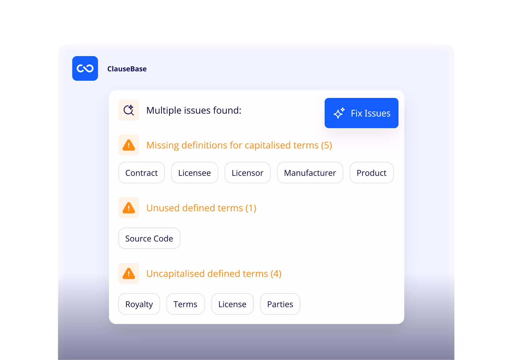 ClauseBase displaying flagged issues during AI-powered proofreading and suggesting fixes.