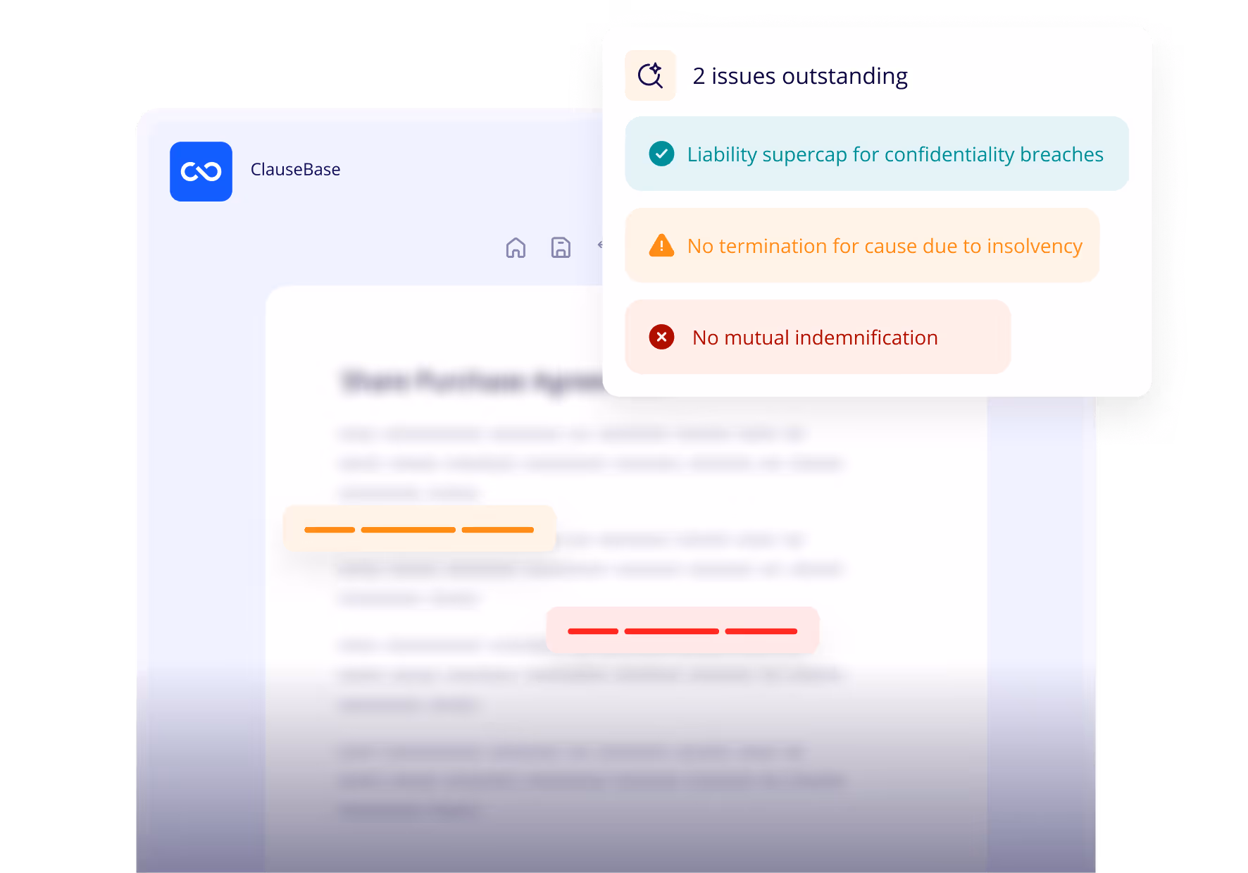 ClauseBase using AI to proofread a document and flag detected errors.