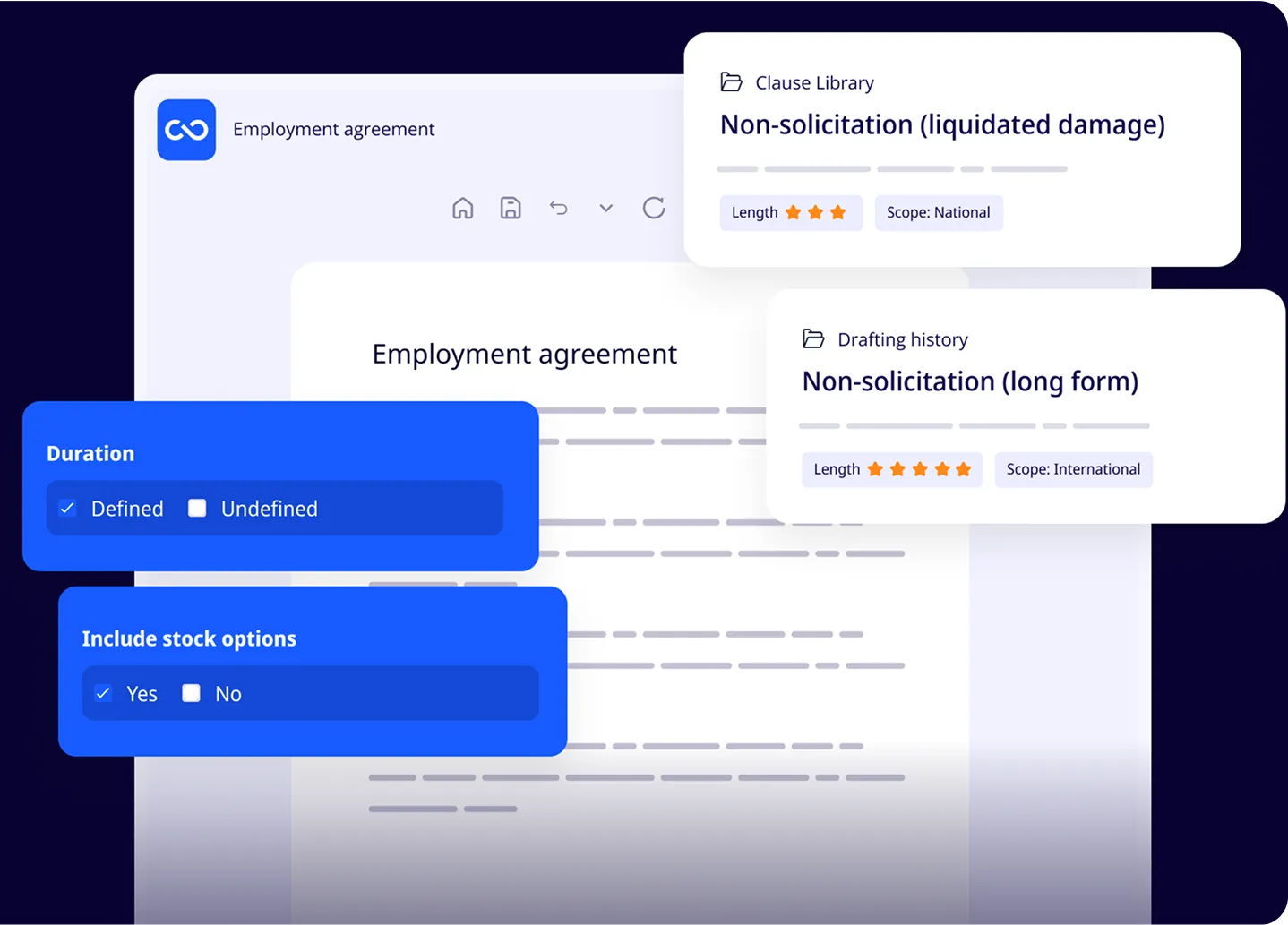 ClauseBase displaying drafting options for employment related documents and contracts.