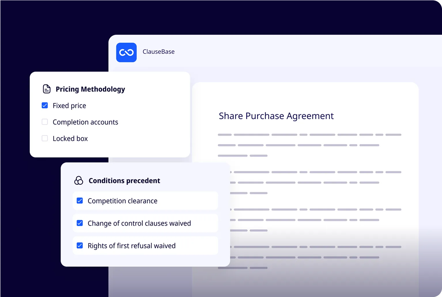 ClauseBase displaying drafting options for corporate legal documents and contracts.