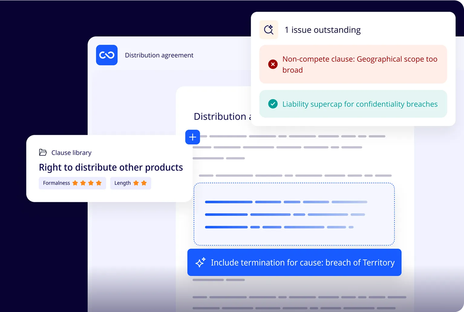 ClauseBase displaying drafting options for commercial legal documents and contracts.