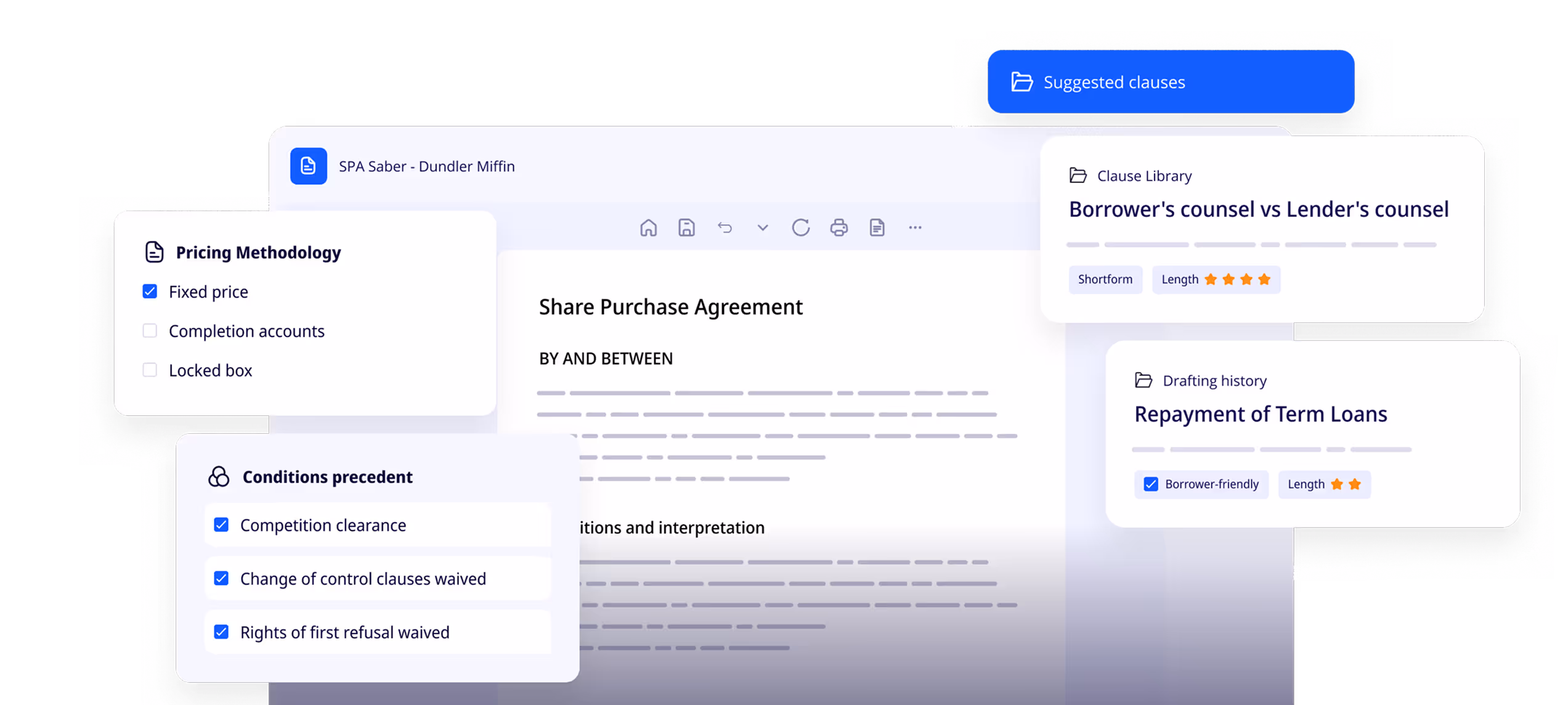 ClauseBuddy is showing various options to help the user draft legal documents faster and more precise. 