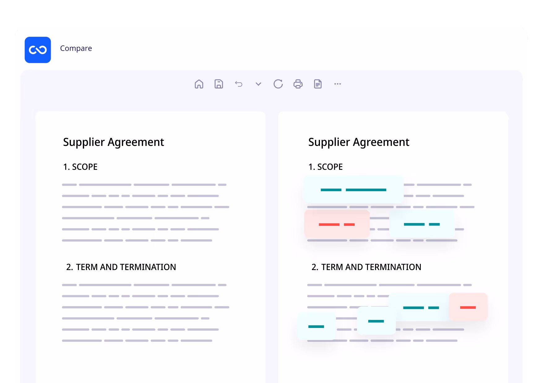 ClauseBuddy is comparing two legal documents and showing the difference between the two. 