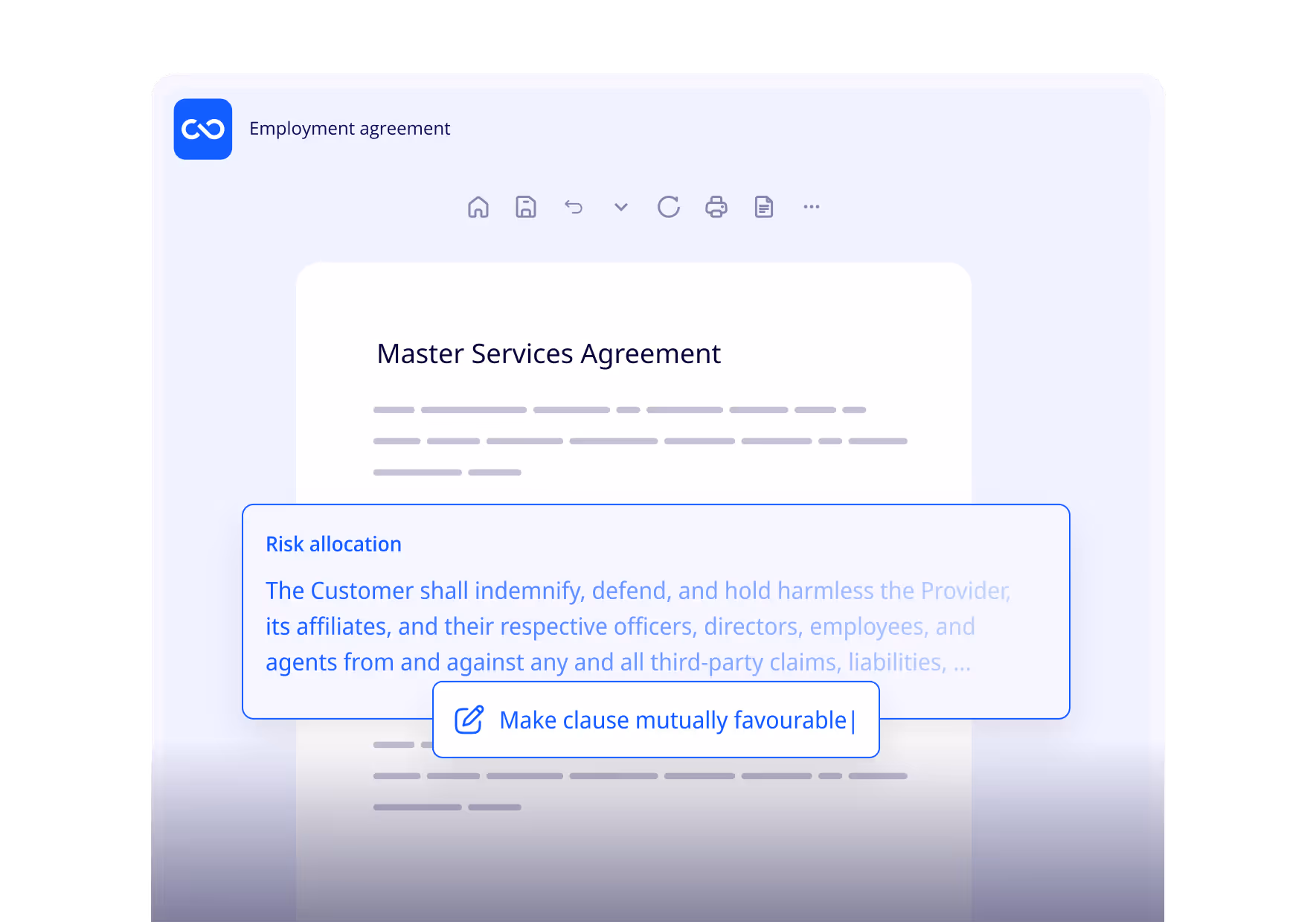 ClauseBuddy is using AI to help ypou redraft your clauses. In this images it's offering to redraft a clause to make it mutually favourable.  