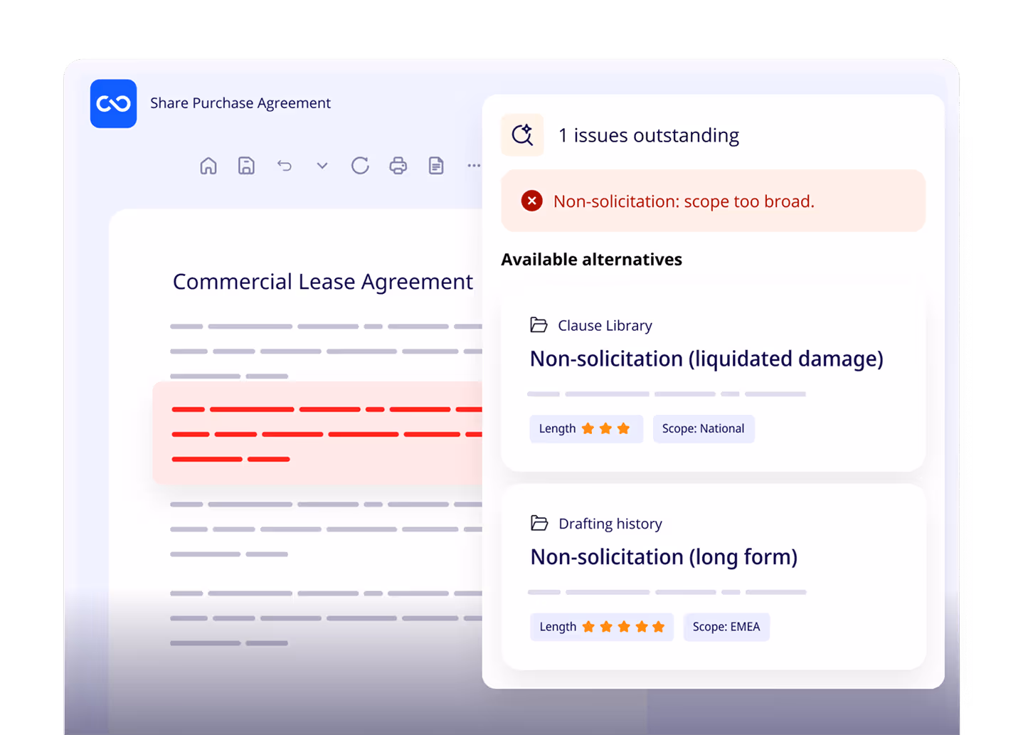 ClauseBase proofreading a legal document with AI and suggesting fixes and better clauses for detected errors.