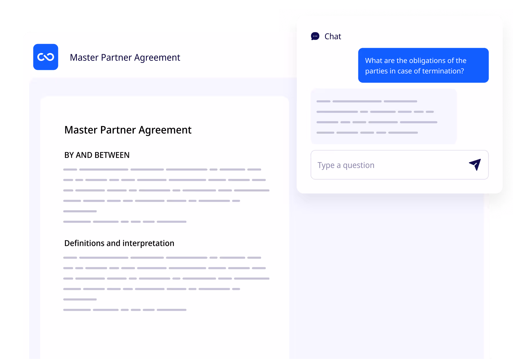 ClauseBuddy’s Document Chat using AI to answer questions about a legal document or contract.