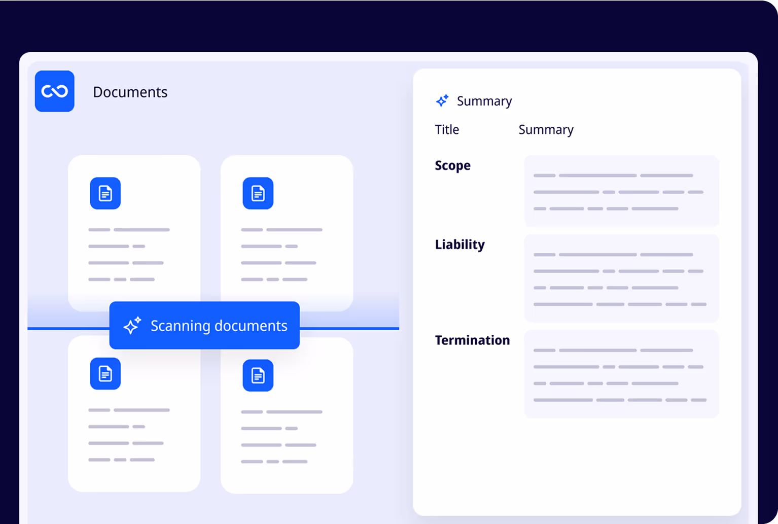 ClauseBuddy scanning multiple legal documents and generating a summary of their contents and clauses.
