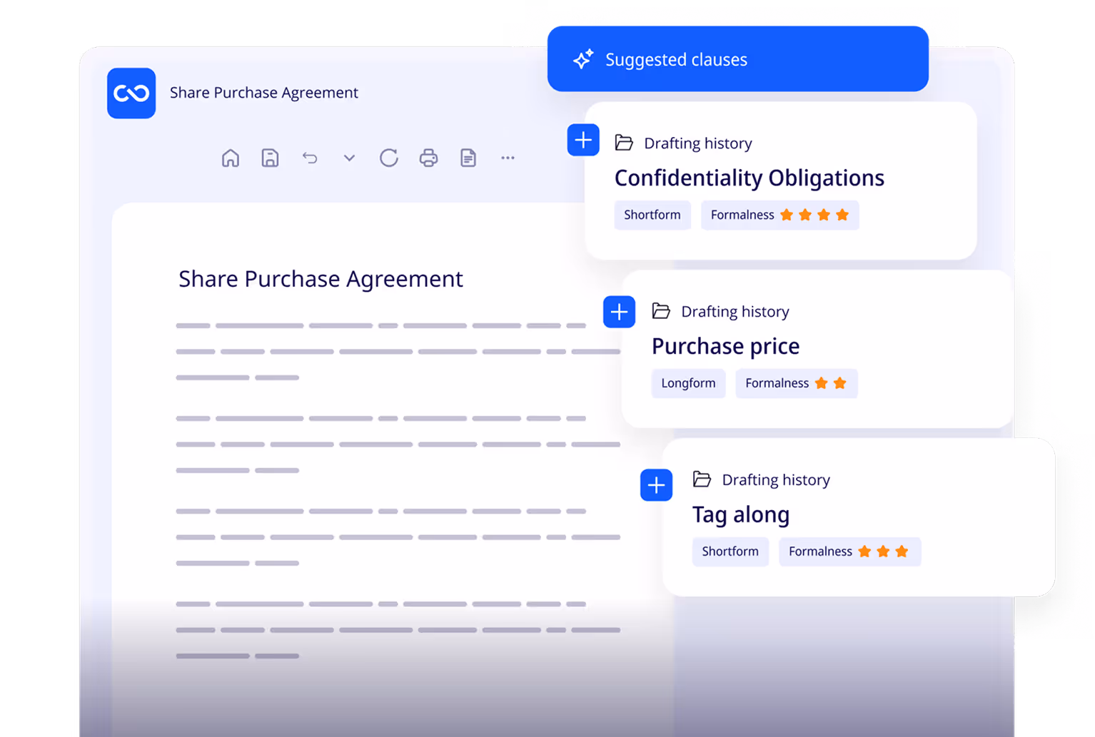 ClauseBuddy displaying clause options while drafting a share purchase agreement.