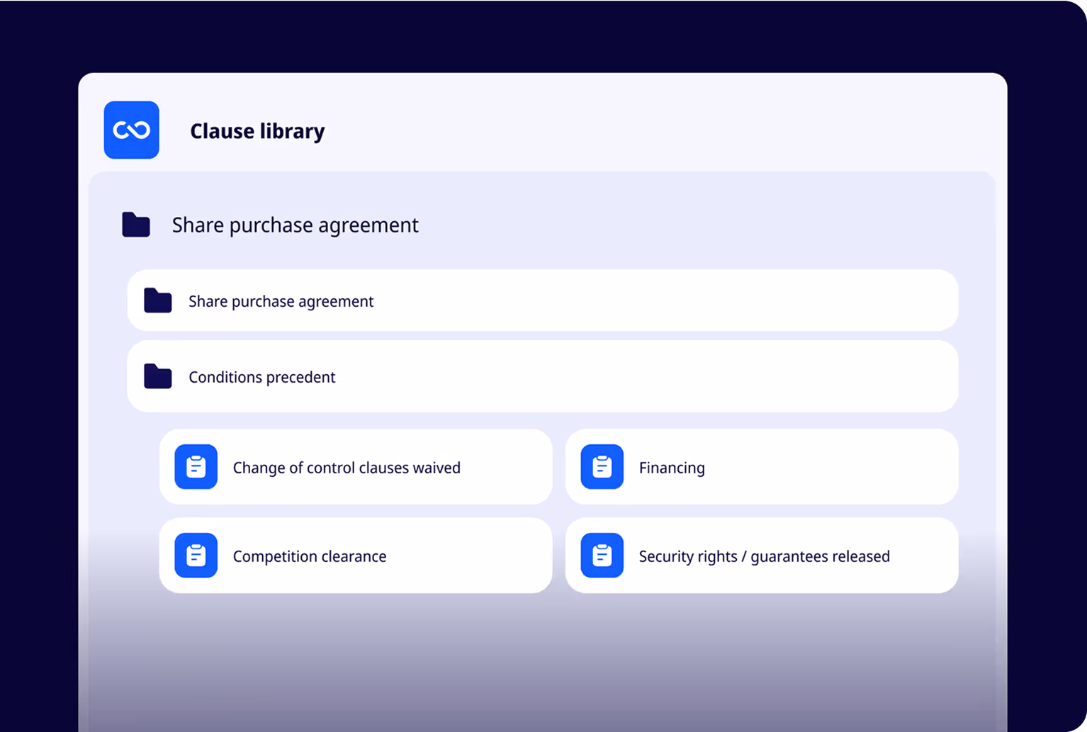 ClauseBuddy displaying a vetted clause library for users to browse and select clauses while drafting a legal document.