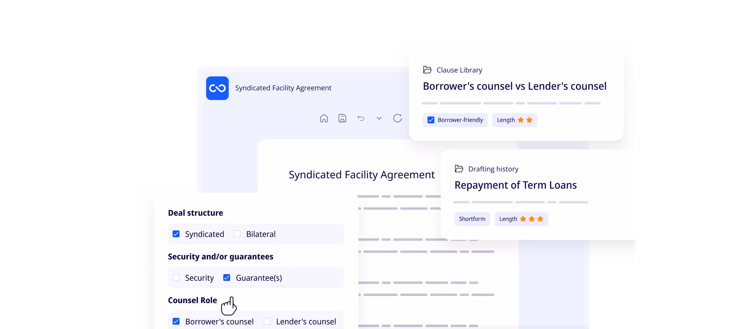 Images shows ClauseBase using AI suggest different legal clauses for a Syndicated Facility Agreement
