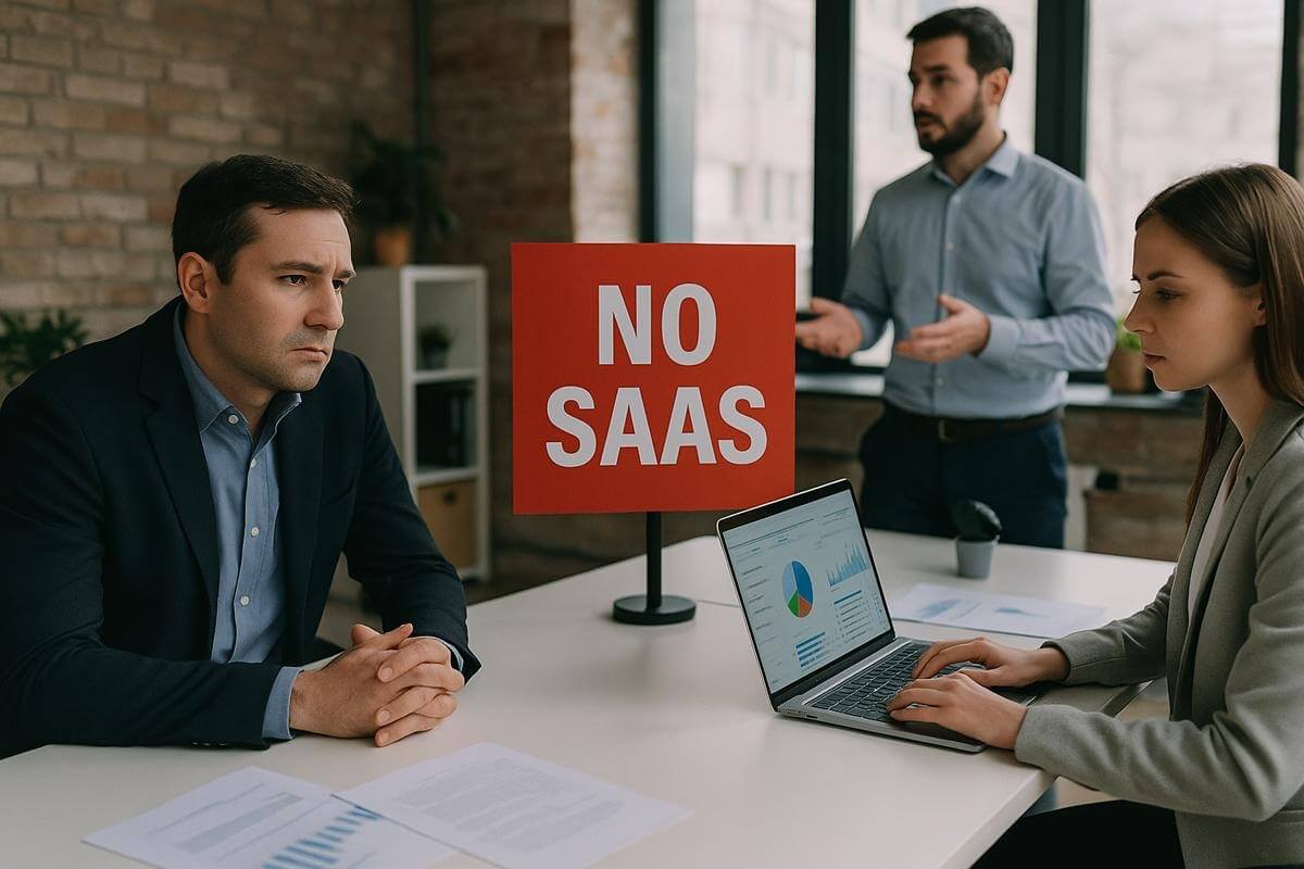Startup office scene with a red sign reading ‘NO SAAS’ on the table during a meeting.