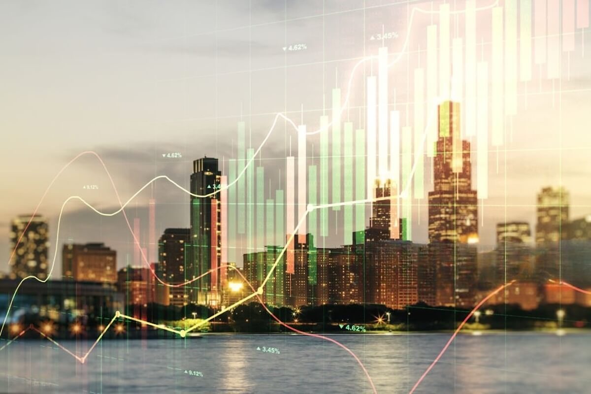 A modern European city skyline drawn to by investors with futuristic AI and innovation-themed graphics overlay 