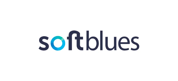 Virksomhedslogoet for "softblues" er i en mørkeblå skrifttype med et klart, gradueret blåt og grønt "o".