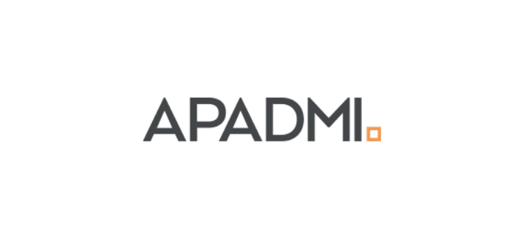 Le logo Apadmi présente le nom de la marque en lettres capitales gris foncé avec un petit contour carré orange à l'extrémité.