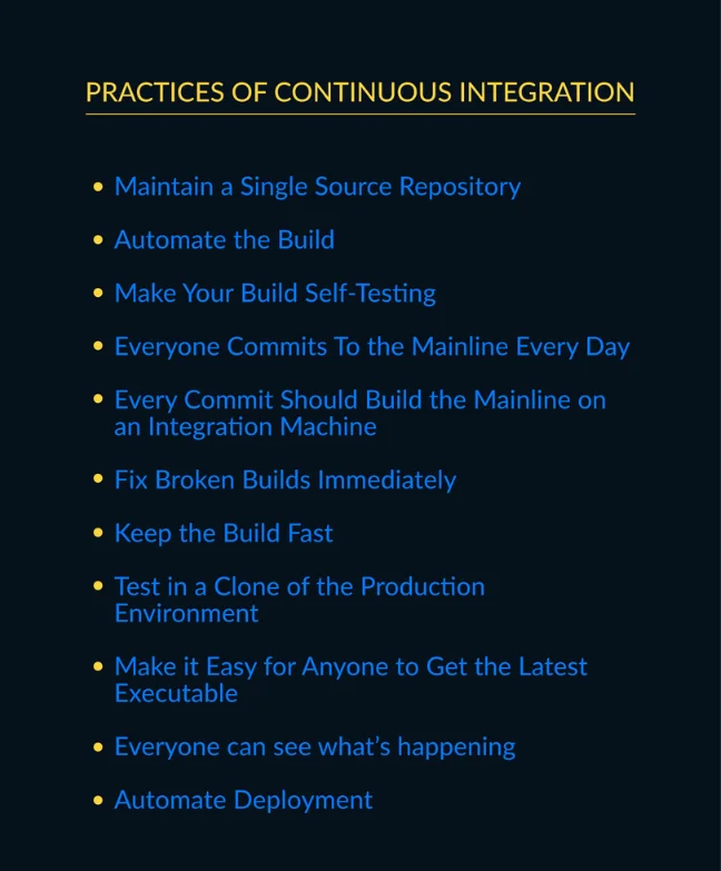 Præsentationsslide med titlen "PRACTICES OF CONTINUOUS INTEGRATION" på mørk baggrund. Viser en blå punkttegnliste med 11 punkter, herunder at vedligeholde et enkelt kilderepository og automatisere build-processen.
