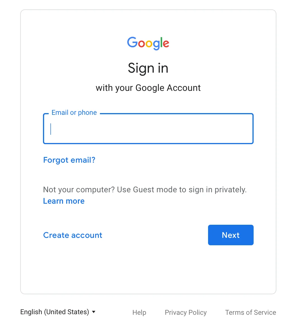 Screenshot einer Google-Anmeldeseite. Text: „Sign in with your Google Account“. Enthält ein Eingabefeld für „Email or phone“, Links für „Forgot email?“ und „Create account“ sowie einen blauen „Next“-Button.