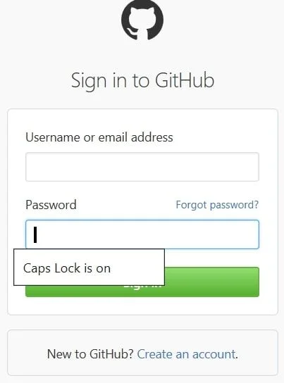 Screenshot einer GitHub-Anmeldeseite. Text: „Sign in to GitHub“. Zeigt Eingabefelder für „Username or email address“ und „Password“ mit einem Hinweisfenster „Caps Lock is on“ über einem grünen Button.
