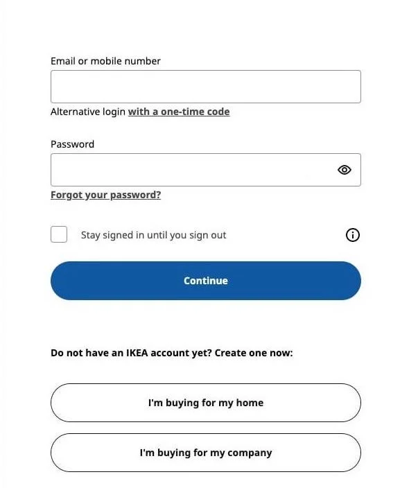 Screenshot einer IKEA-Anmeldeseite. Enthält Felder für „Email or mobile number“ und „Password“, einen blauen „Continue“-Button sowie zwei Buttons zur Registrierung für Privat- oder Firmenkunden.