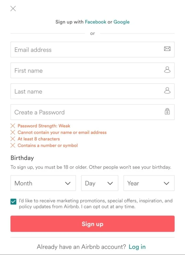 Screenshot eines Airbnb-Registrierungsformulars. Enthält Textfelder für E-Mail, Vorname, Nachname und Passwort mit vier orangefarbenen Fehlermeldungen sowie Dropdown-Menüs für das Geburtsdatum und einen rosa „Sign up“-Button unten.