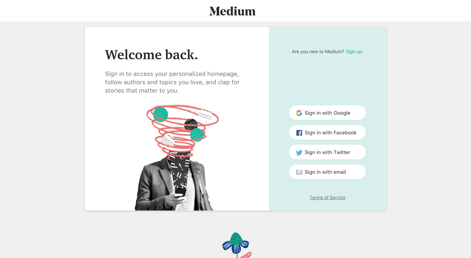 Screenshot einer Medium-Anmeldeseite. Text: „Welcome back.“. Auf der linken Seite befindet sich eine abstrakte Illustration einer Person mit einem roten Wirbelkopf, die ein Handy hält. Rechts stehen vier verschiedene Anmelde-Buttons.