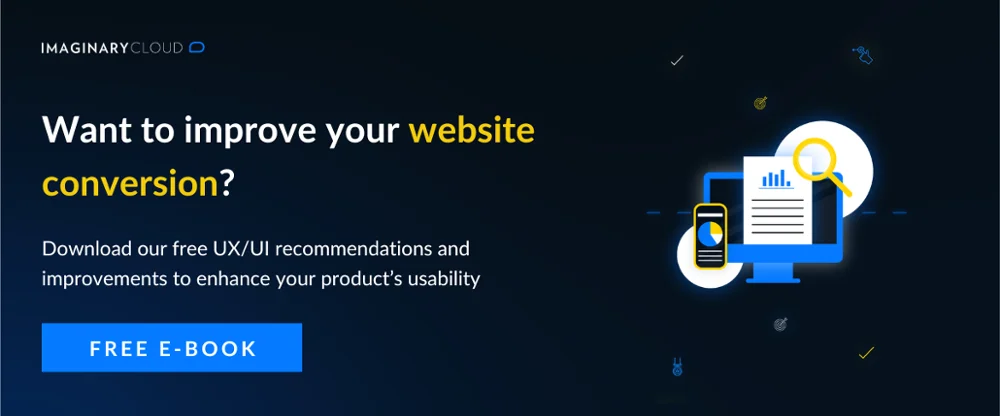 Web-Banner für ein Imaginary Cloud E-Book. Links ein blauer „FREE E-BOOK“-Button und der Text: „Want to improve your website conversion?“. Rechts ist eine Illustration von einem Computer, Smartphone, Dokument und einer Lupe zu sehen.