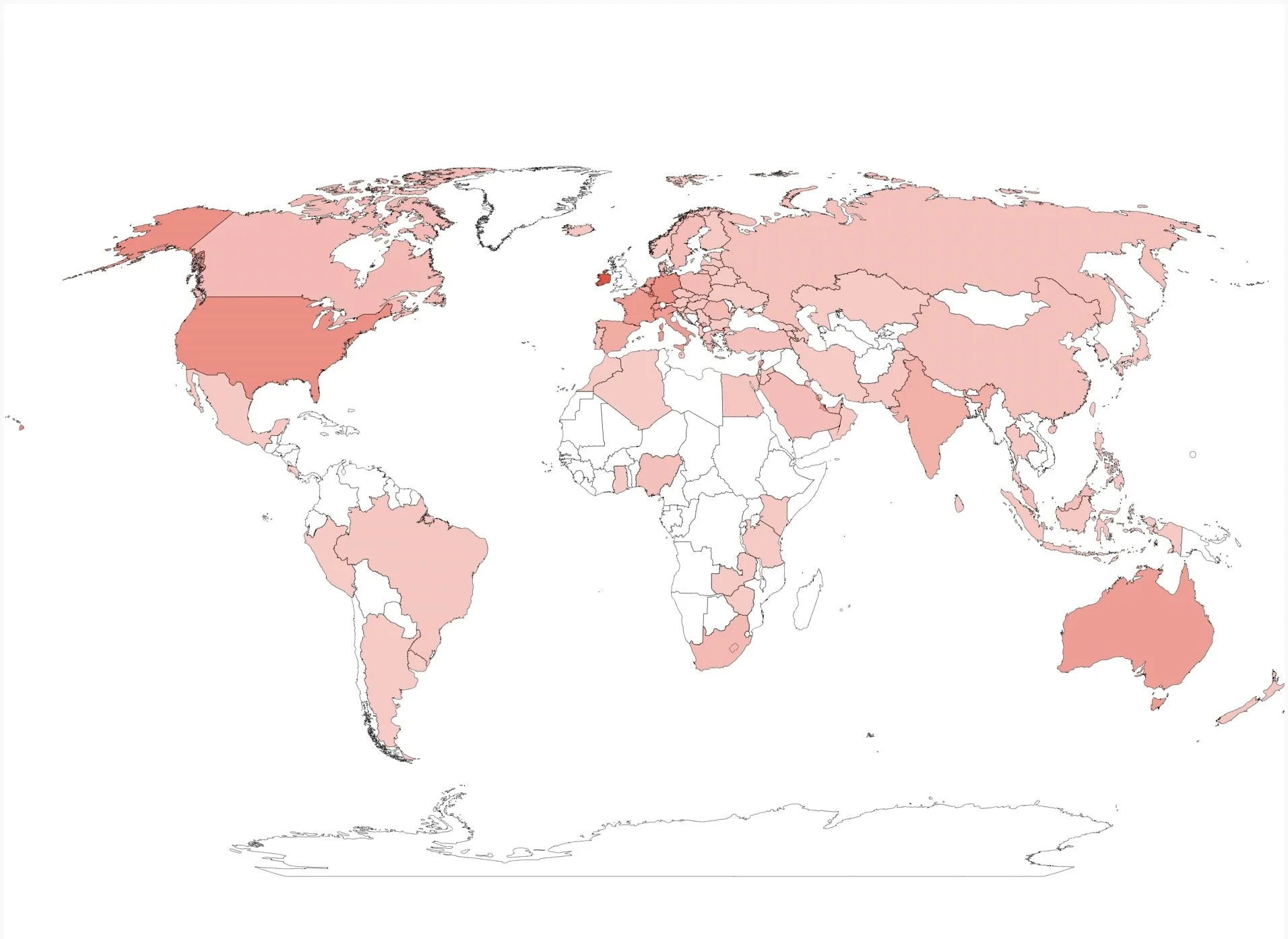 Une carte du monde choroplèthe montrant divers pays colorés dans différentes intensités de rose et de rouge. Les teintes plus foncées mettent en évidence des pays tels que l'Irlande, le Royaume-Uni et les États-Unis, tandis que de nombreuses autres régions apparaissent en rose plus clair ou restent blanches.