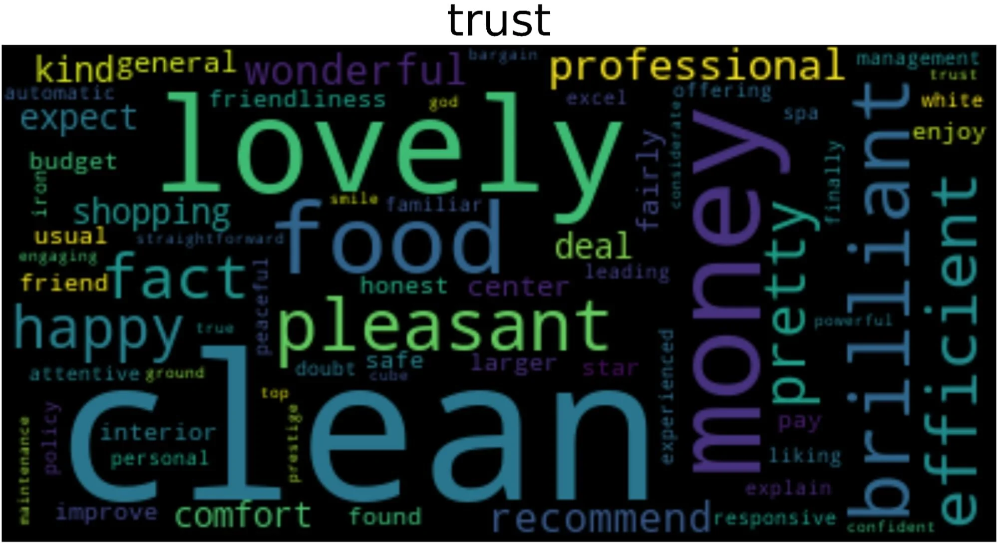 Un nuage de mots intitulé « trust » sur fond noir, mettant en évidence des termes descriptifs importants tels que clean, lovely, food, pleasant, money et brilliant.