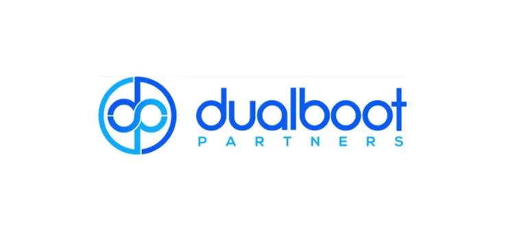 Dualboot Partners logo, featuring a blue circular icon with intertwined lowercase 'd' and 'p' letters resembling an infinity symbol, next to the company name "dualboot PARTNERS" in blue text.