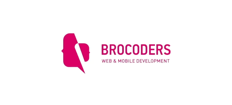 Brocoders-Logo mit einem rosa abstrakten Symbol in Form von Code-Geschweiften-Klammern und einer Sprechblase, daneben der Text „BROCODERS WEB & MOBILE DEVELOPMENT“ in rosa und grauen Großbuchstaben.