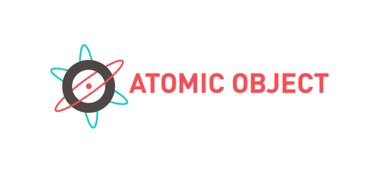 Logo for Atomic Object featuring a dark gray circular "O" shape resembling an atomic nucleus, intersected by a red diagonal line with a central dot, surrounded by teal and red orbital rings. The words "ATOMIC OBJECT" are written to the right in a bold, coral-red sans-serif font.