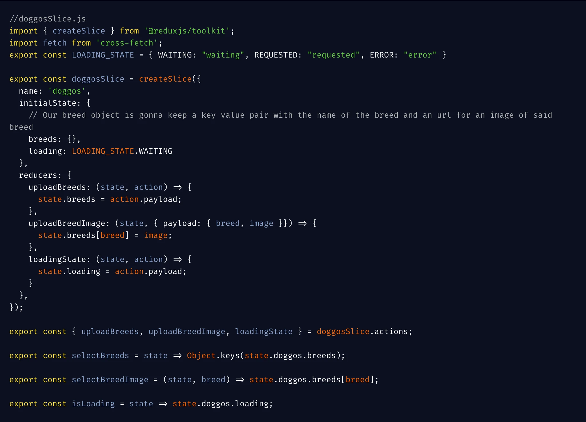 Ein Code-Ausschnitt einer Redux Toolkit-Datei namens „doggosSlice.js“, die den Anfangszustand und Reducer zum Hochladen von Rassen und Bildern definiert sowie Aktionen und Selektoren exportiert.