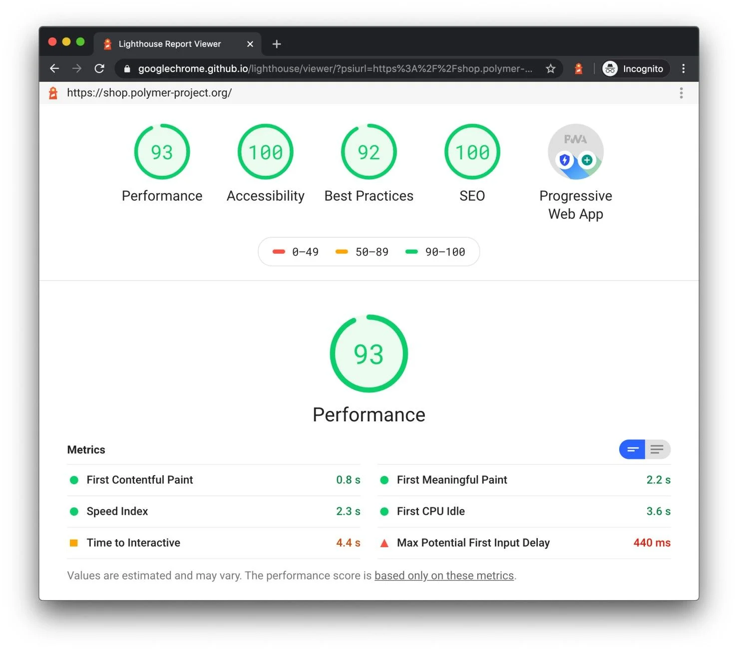 Screenshot eines Google Lighthouse-Auditberichts. Zeigt die Ergebnisse: Performance (93), Accessibility (100), Best Practices (92) und SEO (100). Darunter sind einzelne Leistungsmetriken mit ihren jeweiligen Werten aufgelistet.