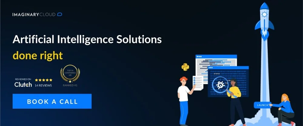 Bannière web pour Imaginary Cloud. Texte : « Artificial Intelligence Solutions done right » avec un bouton bleu « BOOK A CALL ». À droite, illustration de trois personnes autour d'écrans numériques et d'une fusée au décollage.