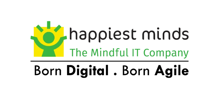 Logo von Happiest Minds - The Mindful IT Company, mit einem grünen Strichmännchen mit erhobenen Armen vor einem gelben Quadrat. Unter einer horizontalen Linie steht der Text „Born Digital . Born Agile“.