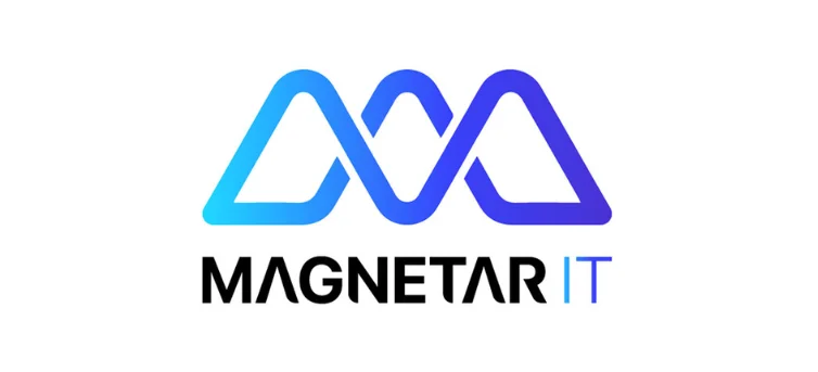 Logo von Magnetar IT mit einem stilisierten, durchgehenden geometrischen Symbol, das an ein überlappendes „M“ mit einem Farbverlauf von Blau nach Violett erinnert, über dem Text „MAGNETAR IT“ in schwarzen und blauen Großbuchstaben.