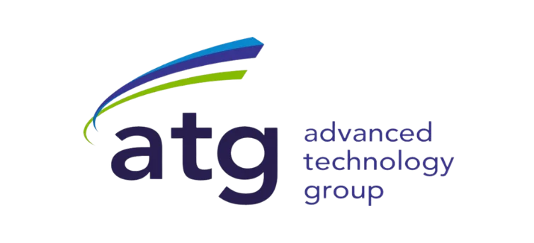Logo der Advanced Technology Group mit den Kleinbuchstaben „atg“ in Dunkellila und einem geschwungenen, nach oben zeigenden Bogen darüber in Blau- und Grüntönen. Der vollständige Unternehmensname „advanced technology group“ steht daneben in lila Kleinbuchstaben.