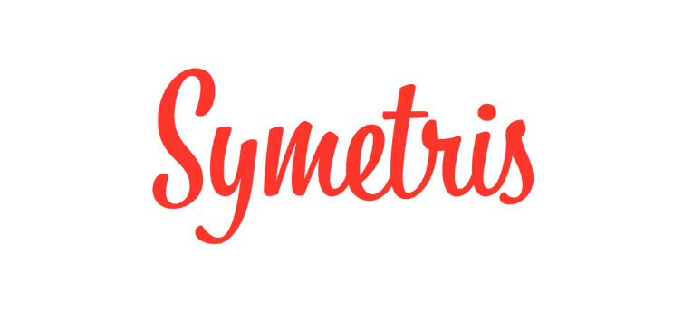 Roter Logo-Text in Schreibschrift mit der Aufschrift „Symetris“ auf schlichtem weißem Hintergrund.
