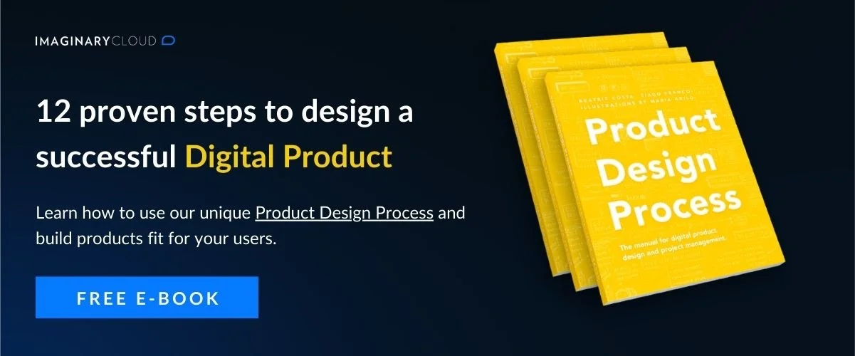 Ein Werbebanner für ein kostenloses E-Book mit dem Titel „Product Design Process“. Auf der linken Seite lautet der weiße und gelbe Text „12 proven steps to design a successful Digital Product“, mit dem Untertitel „Learn how to use our unique Product Design Process and build products fit for your users.“, über einer hellblauen Schaltfläche mit der Aufschrift „FREE E-BOOK“. In der oberen linken Ecke befindet sich das Logo von Imaginary Cloud. Auf der rechten Seite sind drei Exemplare des leuchtend gelben Buches leicht versetzt vor einem dunkelblauen Hintergrund gestapelt.