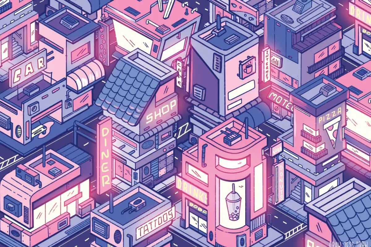 Isometric, stylized cartoon illustration of a bustling city street at night, filled with glowing neon signs and shops.