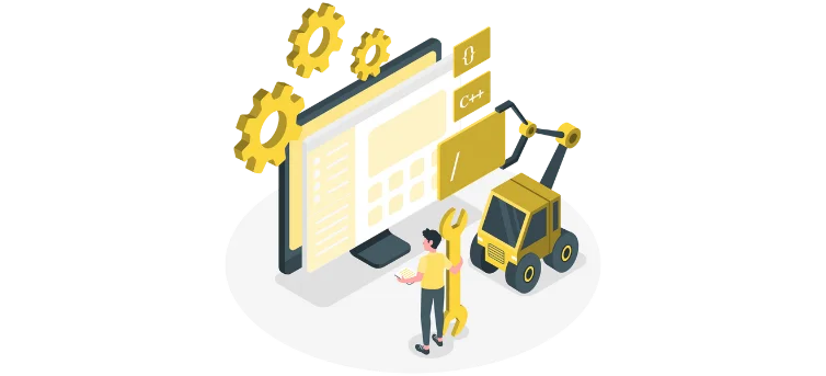 Isometric illustration of a developer building software with large gears, a wrench, and a construction vehicle.