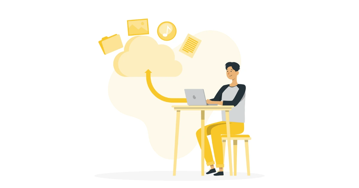 Flache Illustration einer Person am Schreibtisch, die Dateien vom Laptop in ein gelbes Cloud-Symbol lädt.