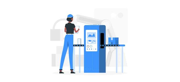 Ouvrier de l'industrie 4.0 surveillant des machines automatisées et un tableau de bord dans une usine connectée.