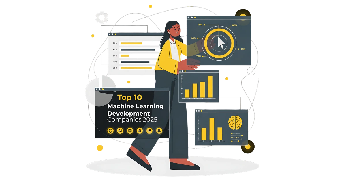 Illustration einer Person mit Datendiagrammen zu den 10 besten Machine-Learning-Firmen 2025.